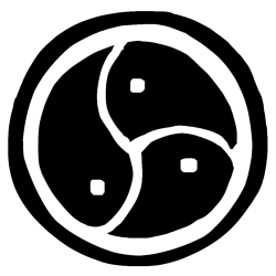 the BDSM symbol, which is a segmented black circle with a white outline and three white dots.